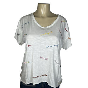 Pilcro Shirt Womens‎ Medium White Rainbow Pride Embroidered Scoop Neck T Shirt